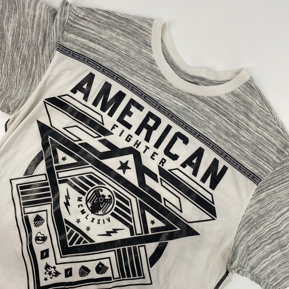 American Fighter T Shirt Mens Large White Space Dye MMA Biker Street Gym Combat